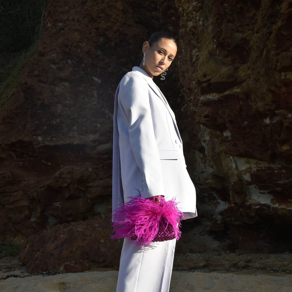 Culturesse Vivant Beaded Ostrich Fur Bag (Vivid Magenta)