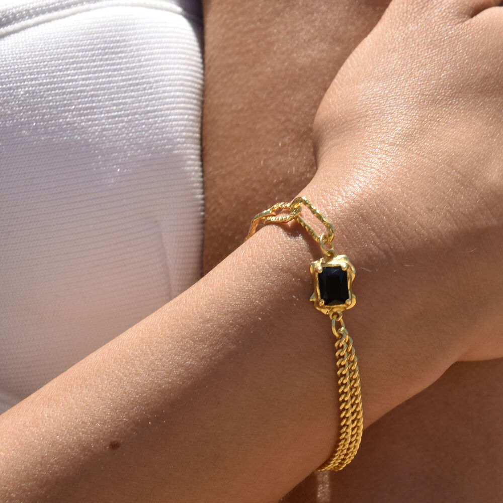 Culturesse Dakota Black Onyx Dual Chain Bracelet (Gold Vermeil)