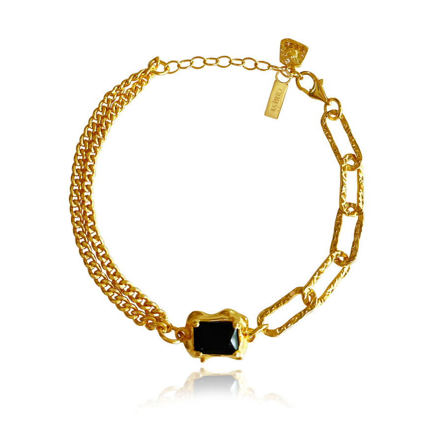 Culturesse Dakota Black Onyx Dual Chain Bracelet (Gold Vermeil)