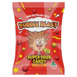 Bubble Blast Super Sour Strawberry Candy 70g Australian Made Tangy Lollies