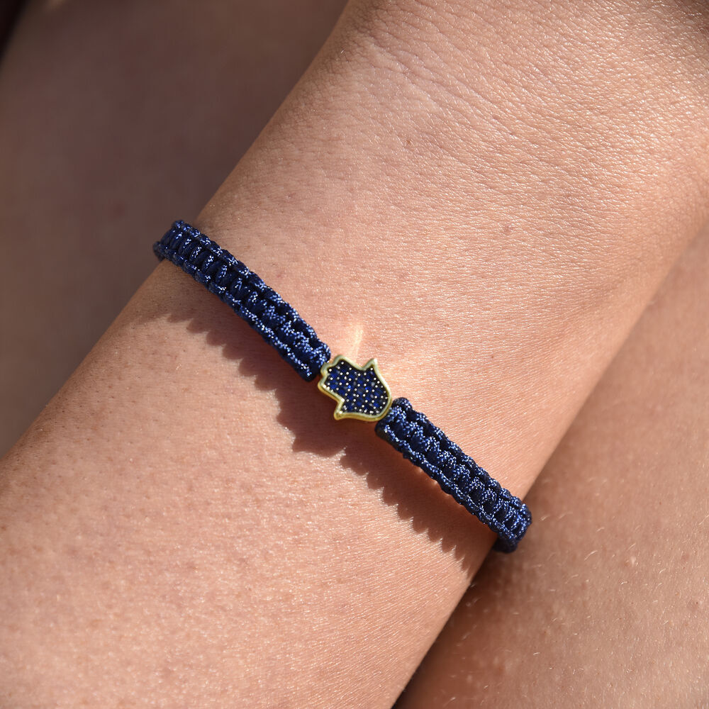 Culturesse Sacha Pave Hamsa Hand Bracelet (Gold Charm Blue String)