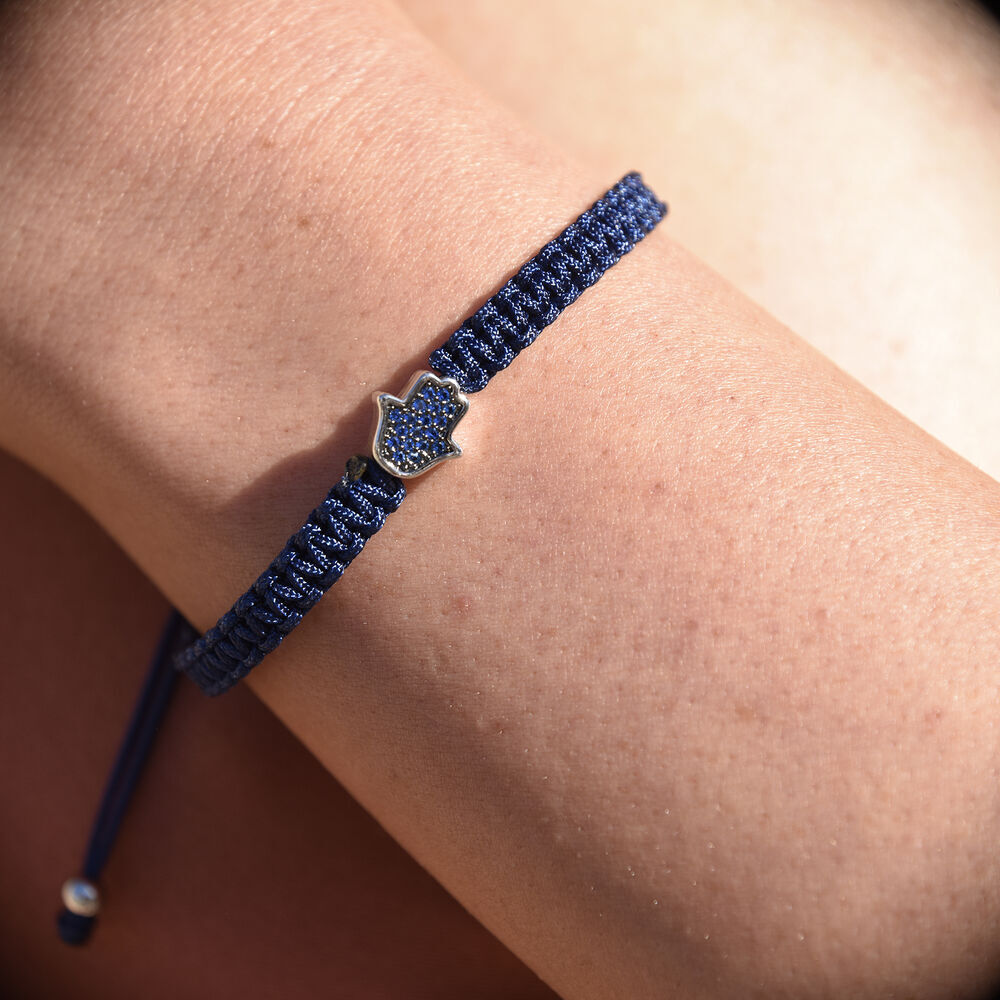 Culturesse Sacha Pave Hamsa Hand Bracelet (Silver Charm Blue String)