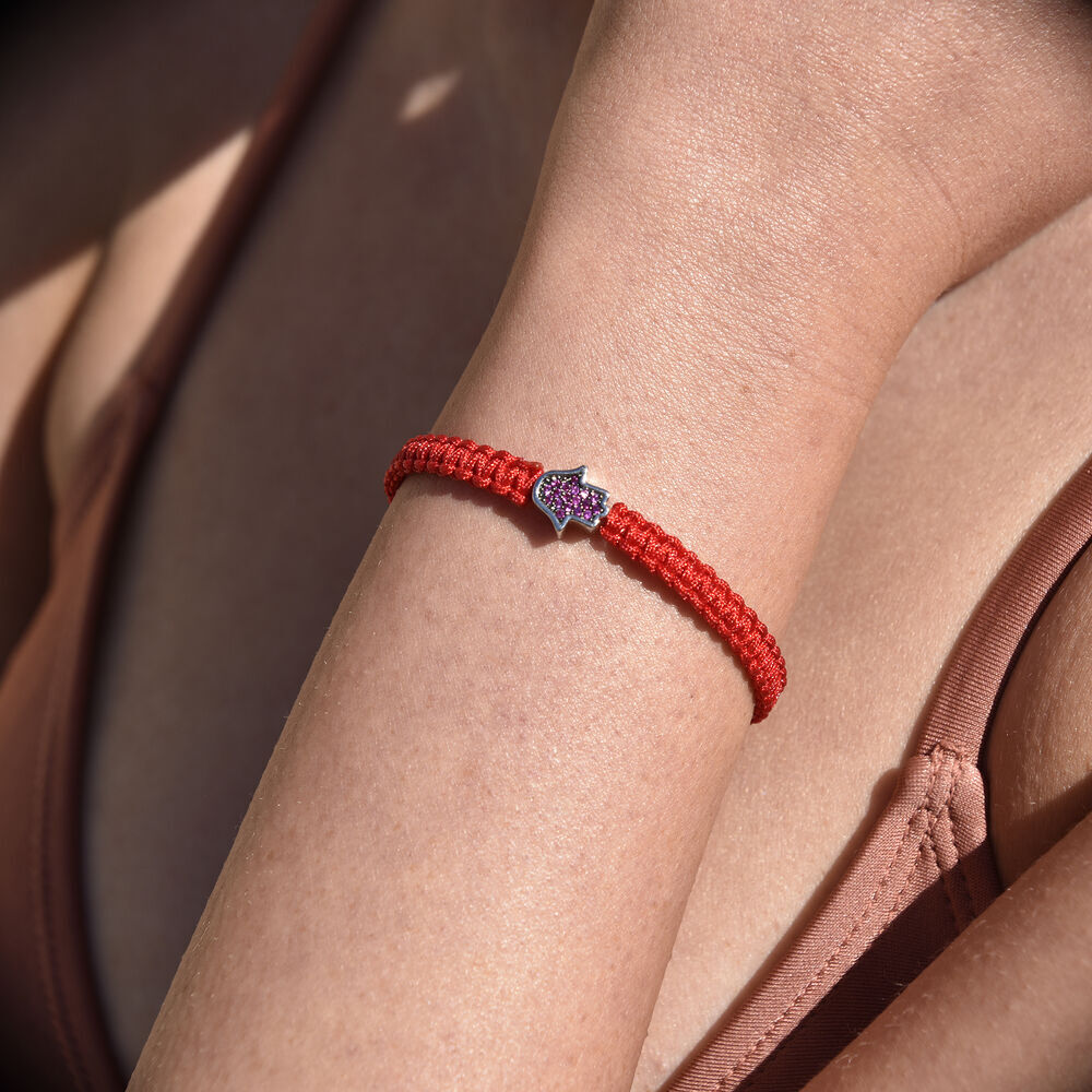 Culturesse Sacha Pave Hamsa Hand Bracelet (Silver Charm Red String)