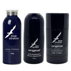 Blue Stratos Body Powder Roll On & Deodorant Stick Mens Set