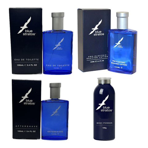 Blue Stratos Mens Grooming Set Pre Electric Aftershave EDT Body Powder
