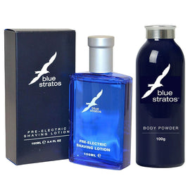 Blue Stratos Pre Electric Aftershave Lotion & Talc Free Body Powder Set
