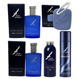 Blue Stratos Mens Grooming Set EDT Deodorant Aftershave Soap Powder