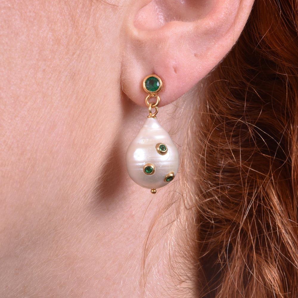 Culturesse Portia 24K Emerald Baroque Pearl Earrings