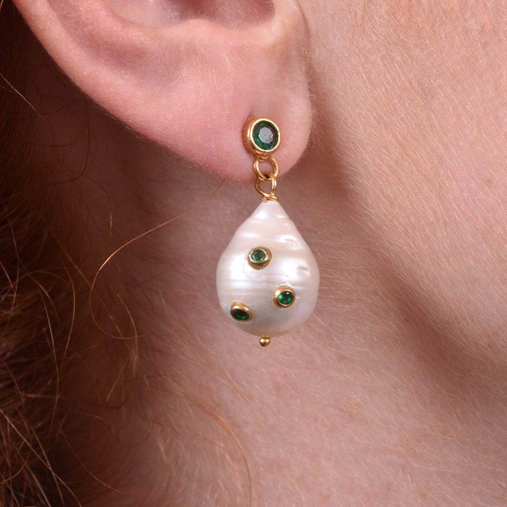 Culturesse Portia 24K Emerald Baroque Pearl Earrings