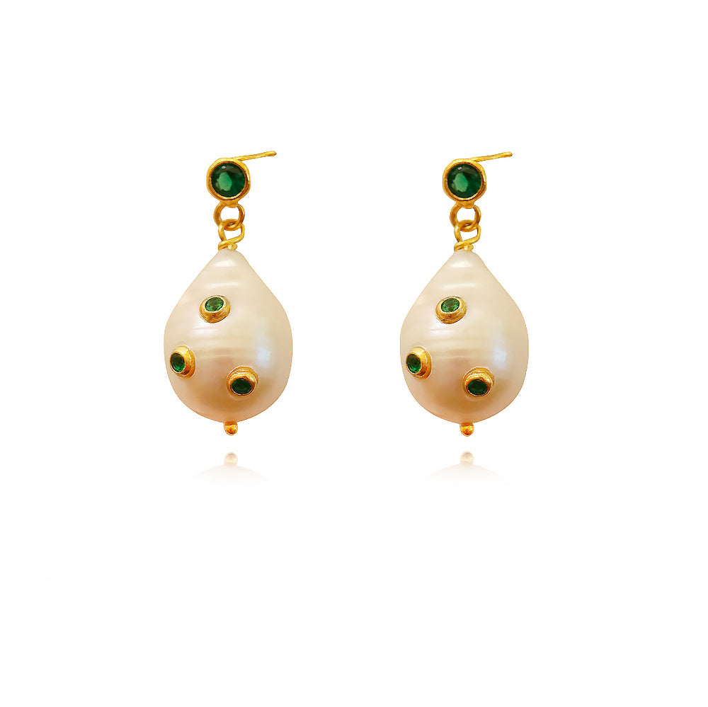 Culturesse Portia 24K Emerald Baroque Pearl Earrings