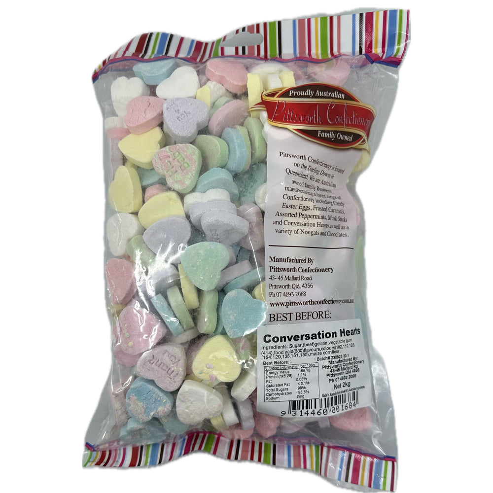 Pittsworth Confectionery Conversation Hearts Sweets Lollies Assorted Flavours 2kg Bulk Pack