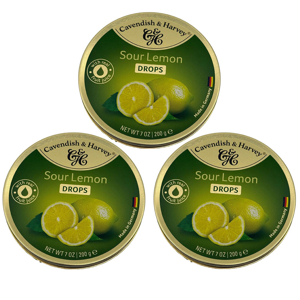 Cavendish & Harvey 3 x Sour Lemon Drops 200g Tin Sweets Candy Fruit Lollies
