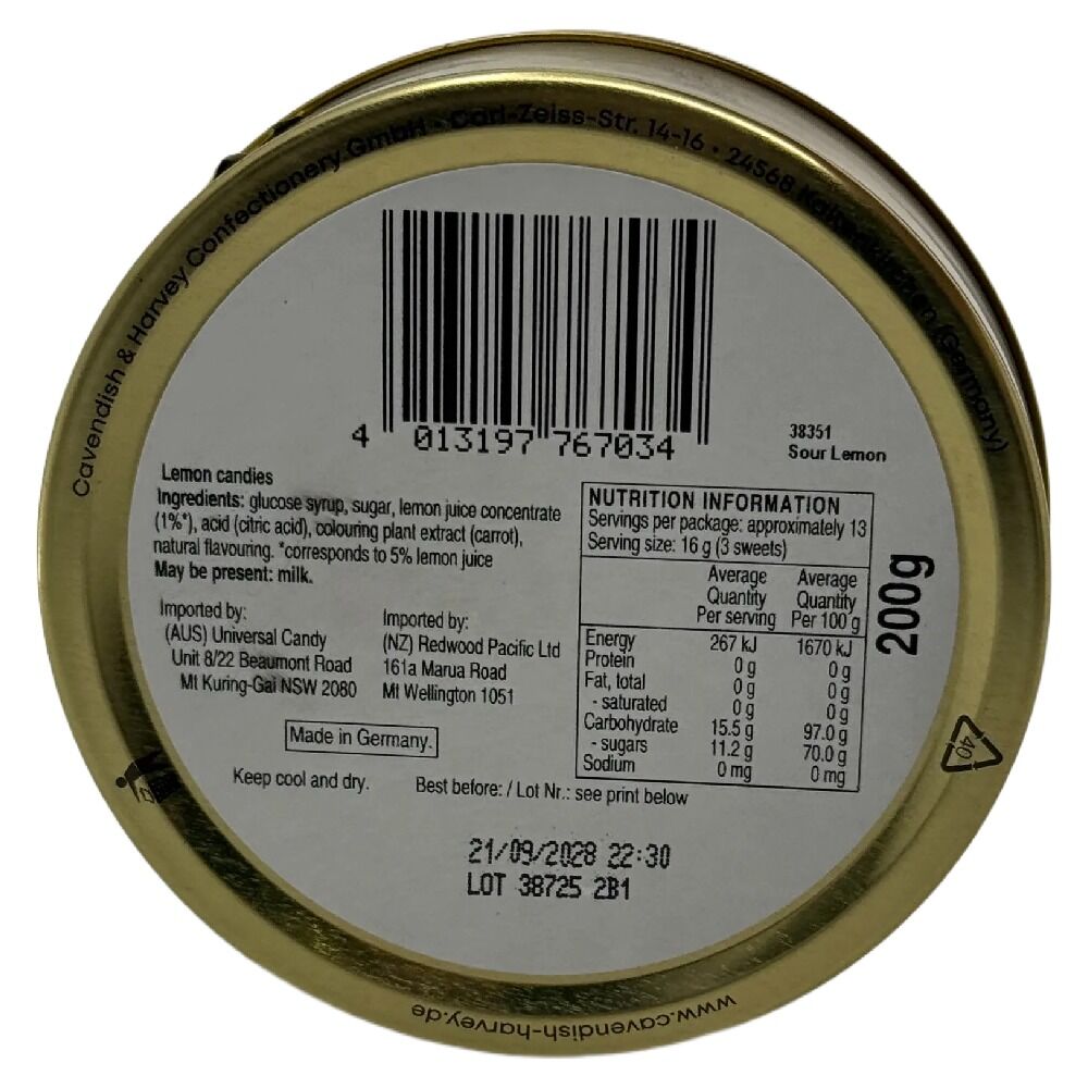 Cavendish & Harvey Sour Lemon Drops 200g Tin Sweets Boiled Candy Fruit Lollies