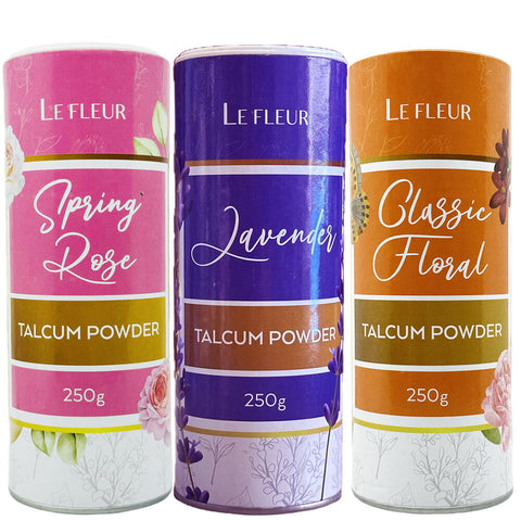 Le Fleur Luxury Talcum Powder Trio Spring Rose Lavender Floral 250g
