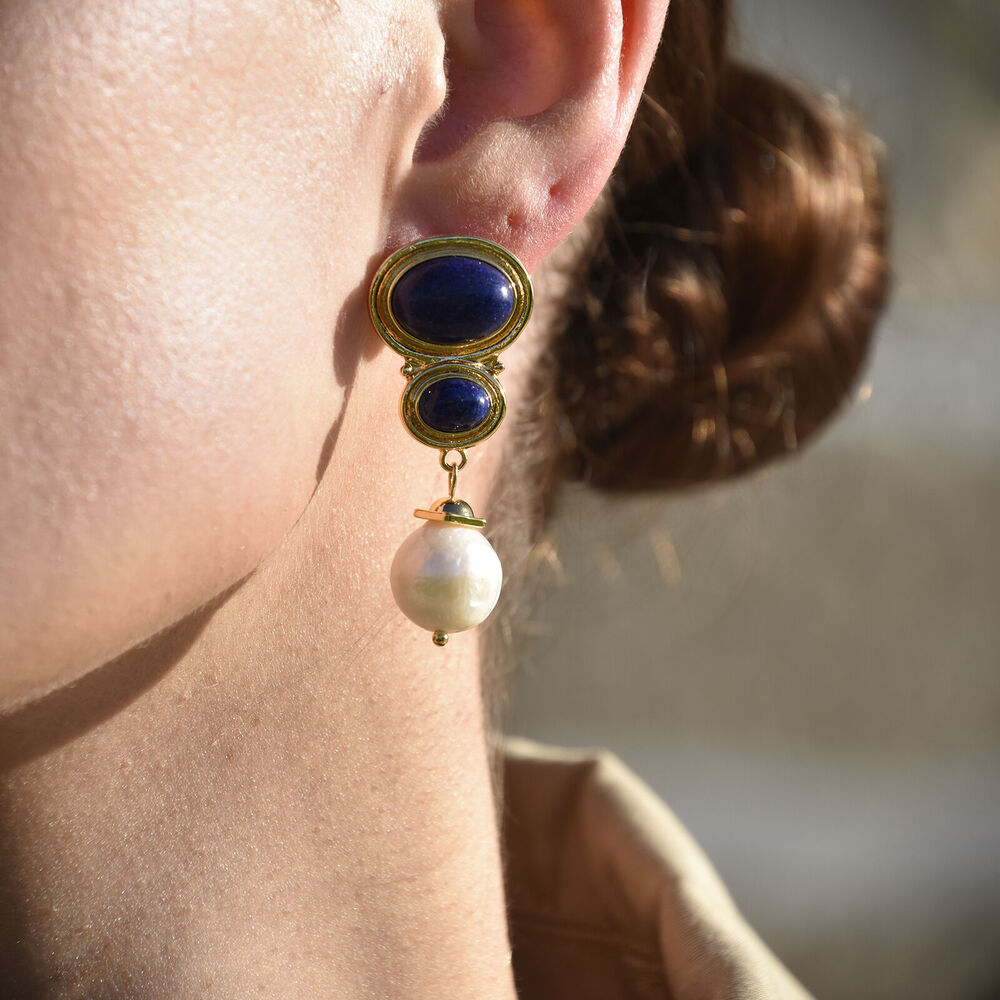 Culturesse Odette Lapis Lazuli Pearl Drop Earrings (Gold)