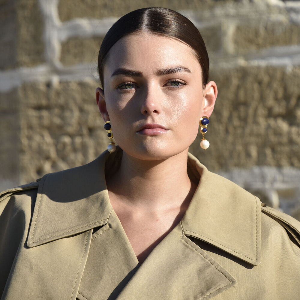 Culturesse Odette Lapis Lazuli Pearl Drop Earrings (Gold)