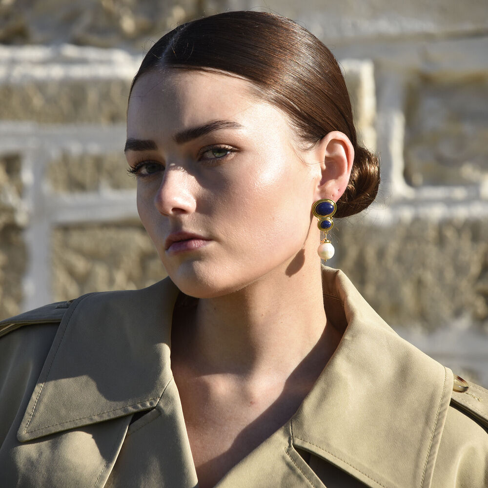 Culturesse Odette Lapis Lazuli Pearl Drop Earrings (Gold)