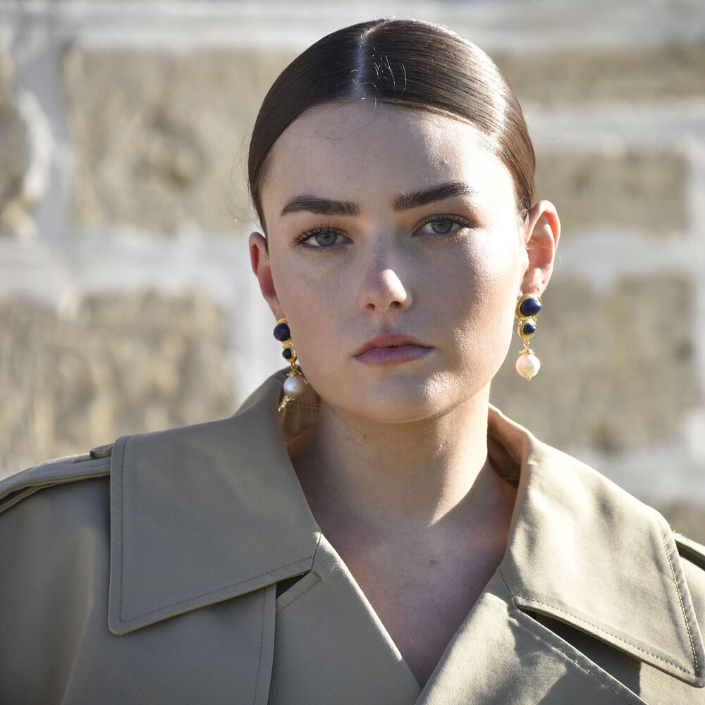 Culturesse Odette Lapis Lazuli Pearl Drop Earrings (Gold)