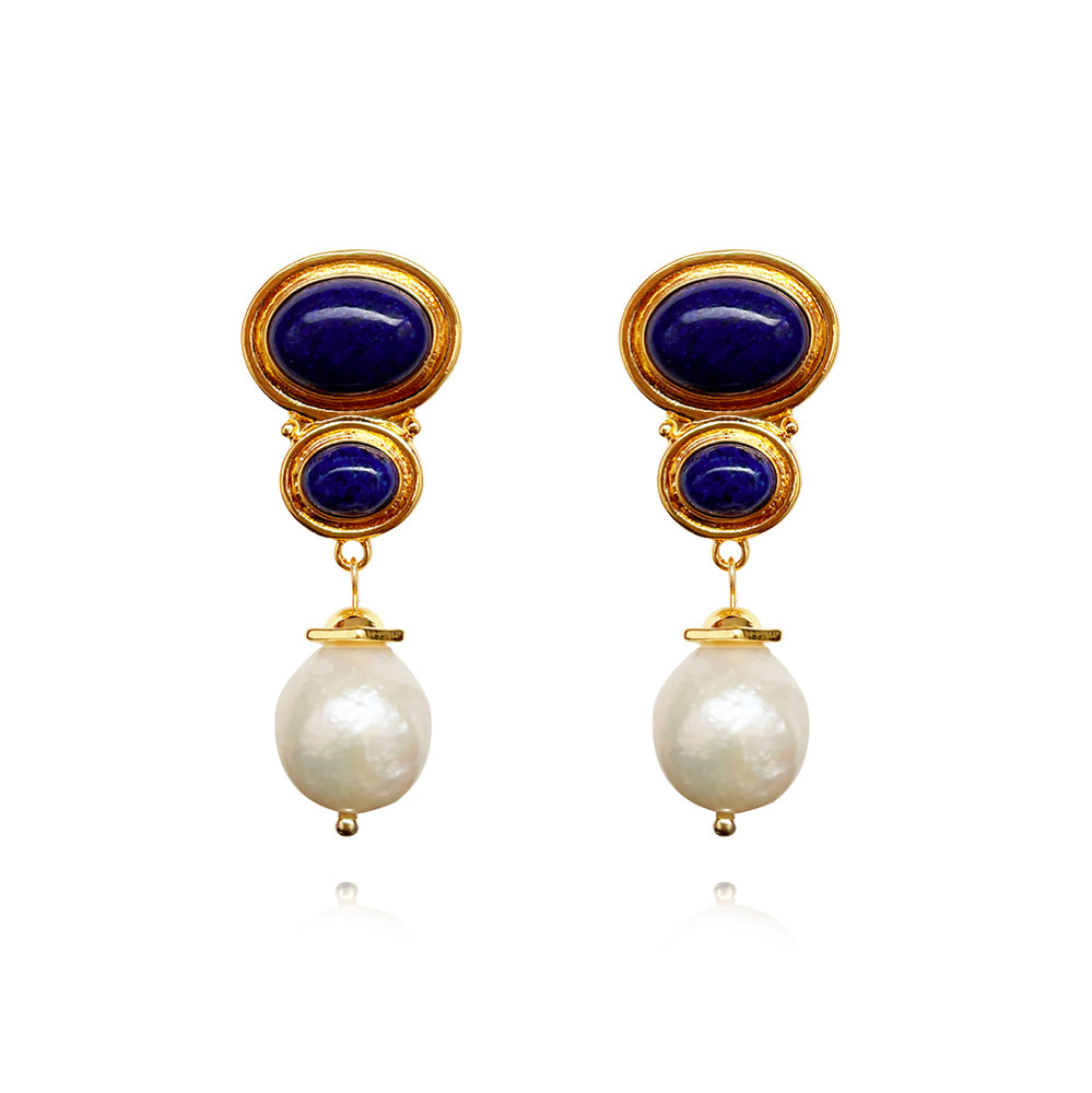 Culturesse Odette Lapis Lazuli Pearl Drop Earrings (Gold)
