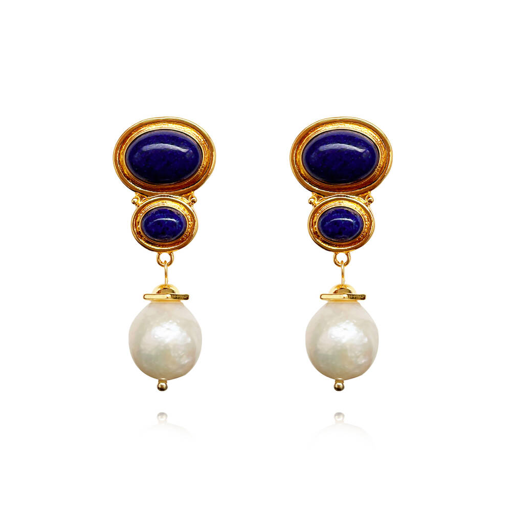 Culturesse Odette Lapis Lazuli Pearl Drop Earrings (Gold)