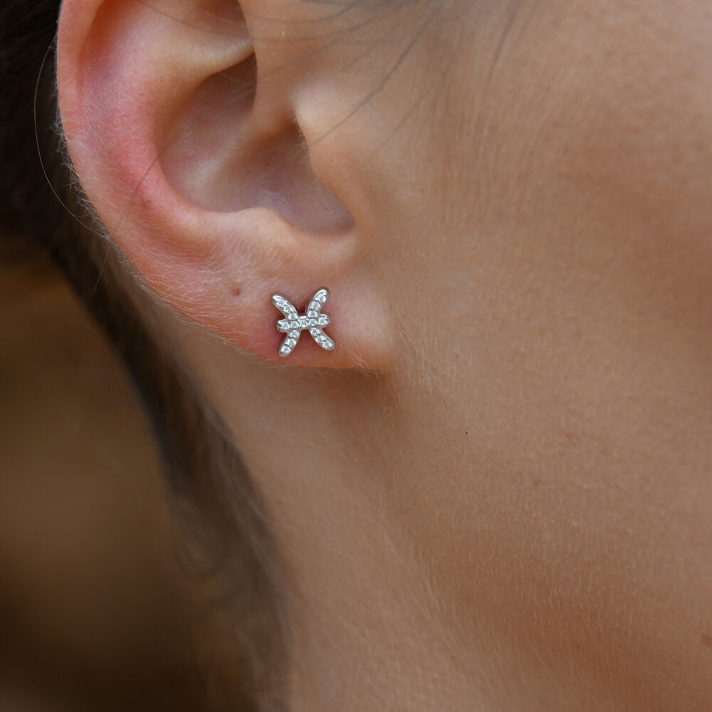 Culturesse Pisces Artisan Zirconia Pave Stud Earrings (Silver)