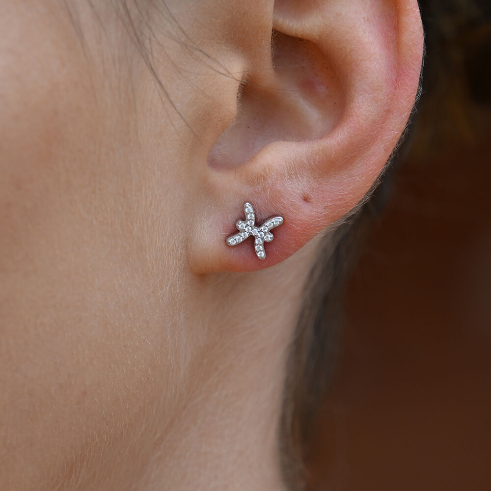 Culturesse Pisces Artisan Zirconia Pave Stud Earrings (Silver)