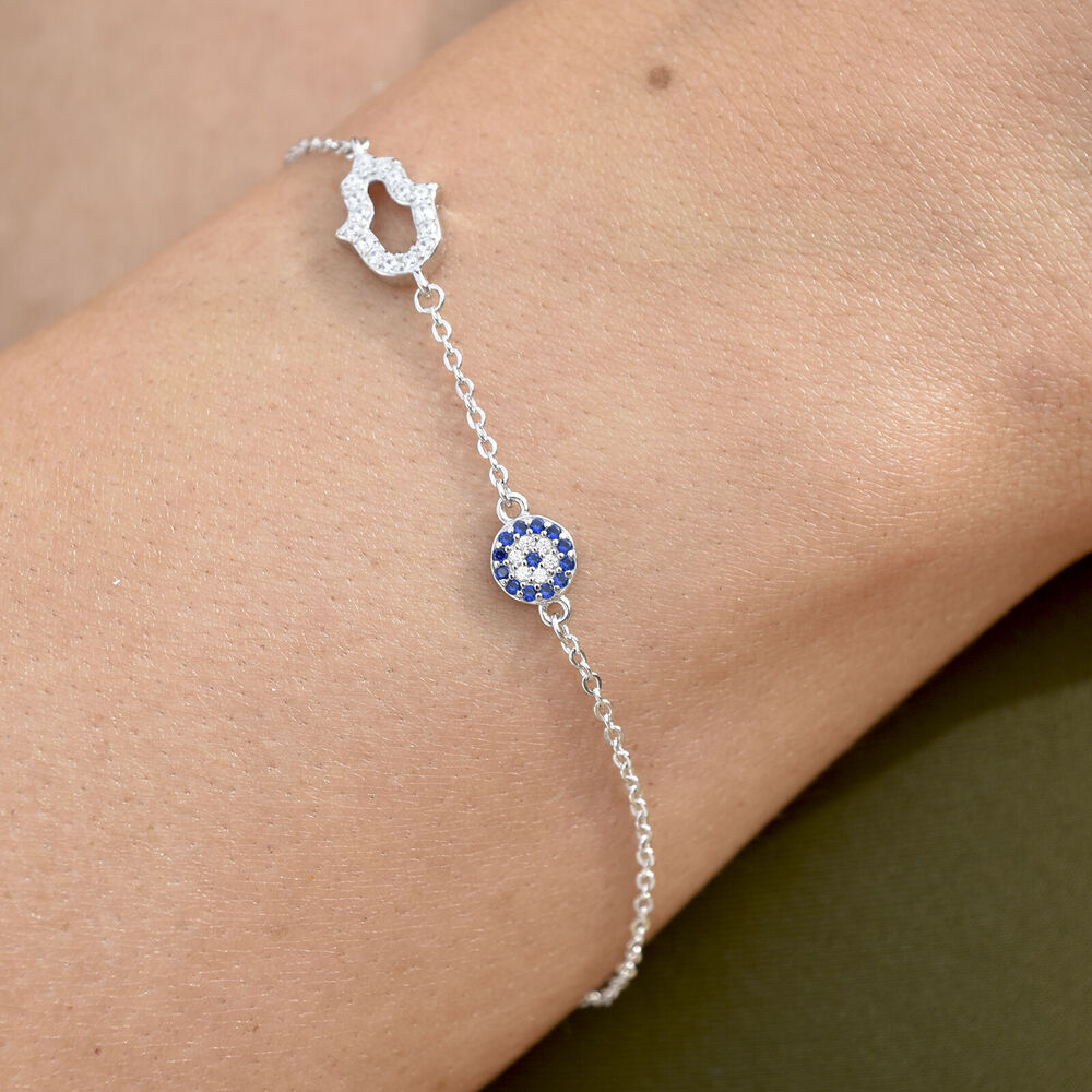 Culturesse Alara Necklace & Azra Bracelet Luck Evil Eye Gift Set (Silver)