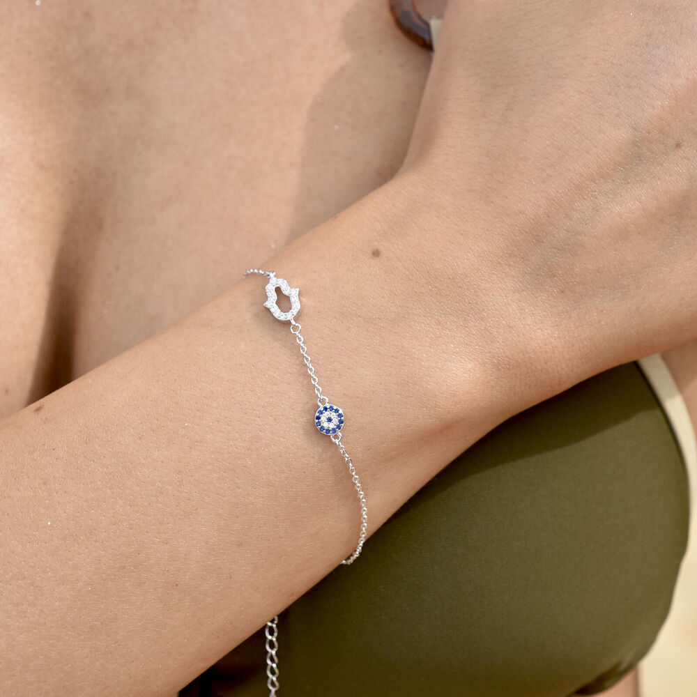 Culturesse Alara Necklace & Azra Bracelet Luck Evil Eye Gift Set (Silver)