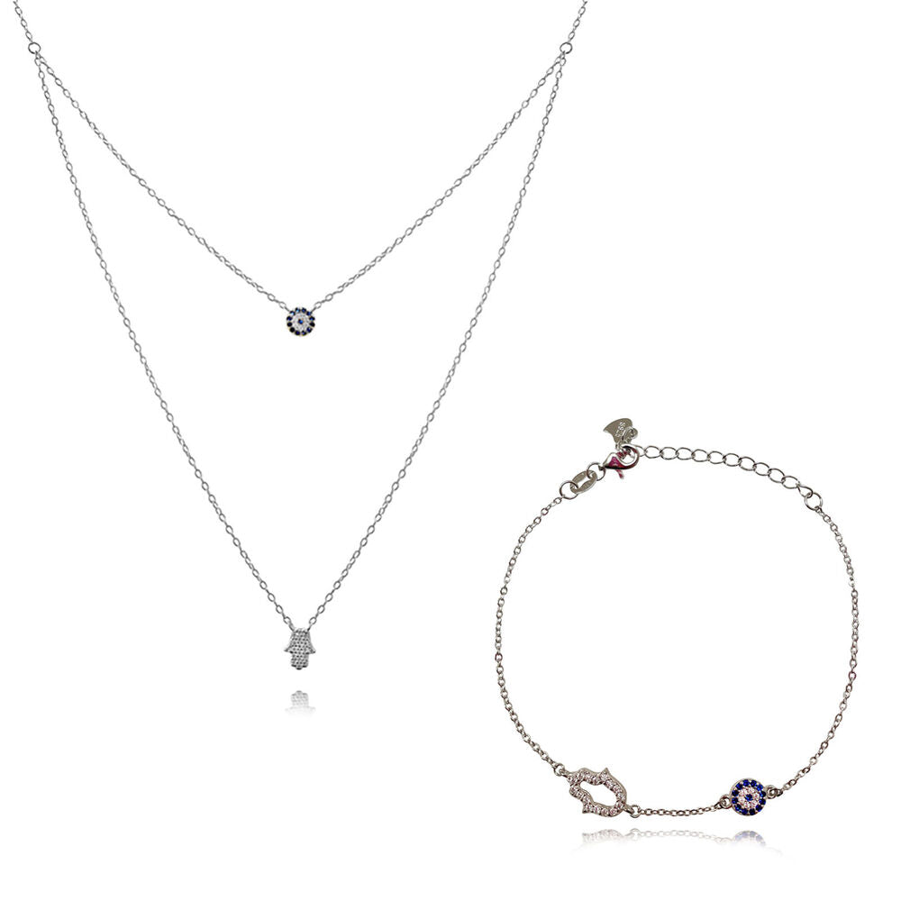 Culturesse Alara Necklace & Azra Bracelet Luck Evil Eye Gift Set (Silver)