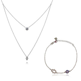Culturesse Alara Necklace & Azra Bracelet Luck Evil Eye Gift Set (Silver)