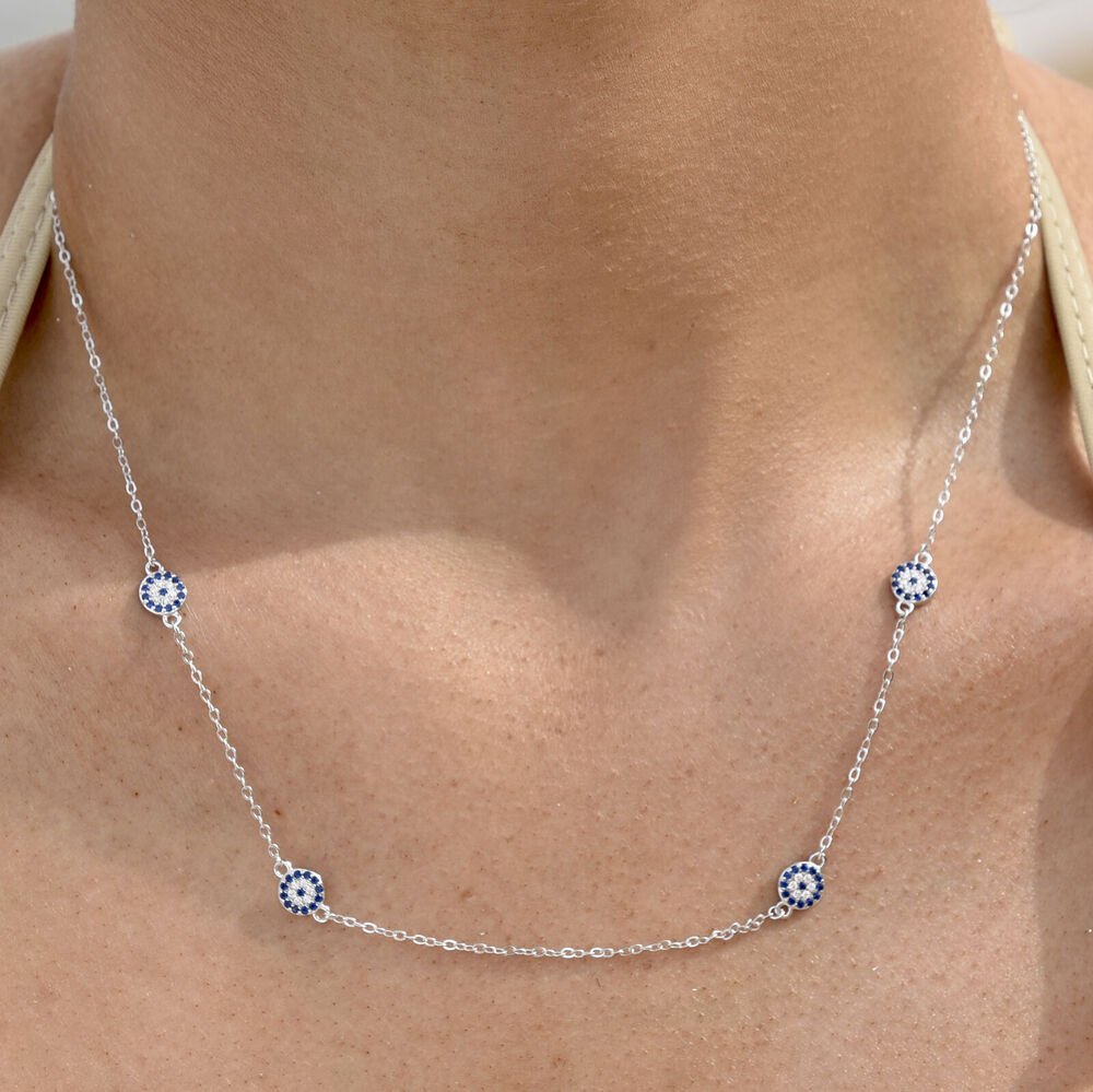 Culturesse Dilara Necklace & Azra Bracelet Luck Evil Eye Gift Set (Silver)