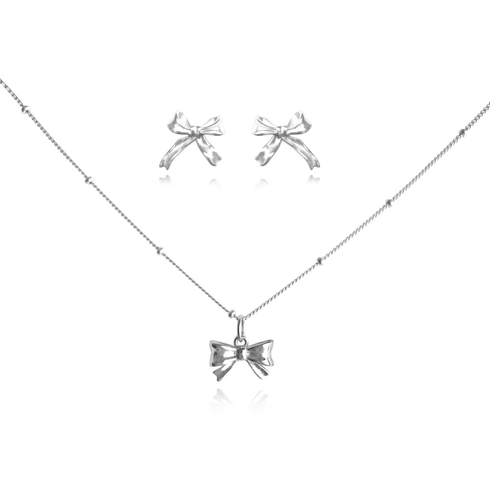 Culturesse Tilda Bow Earrings & Pendant Necklace Gift Set (Silver)