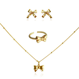Culturesse Tilda Bow Earrings & Pendant Necklace & Ring Gift Set (Gold)