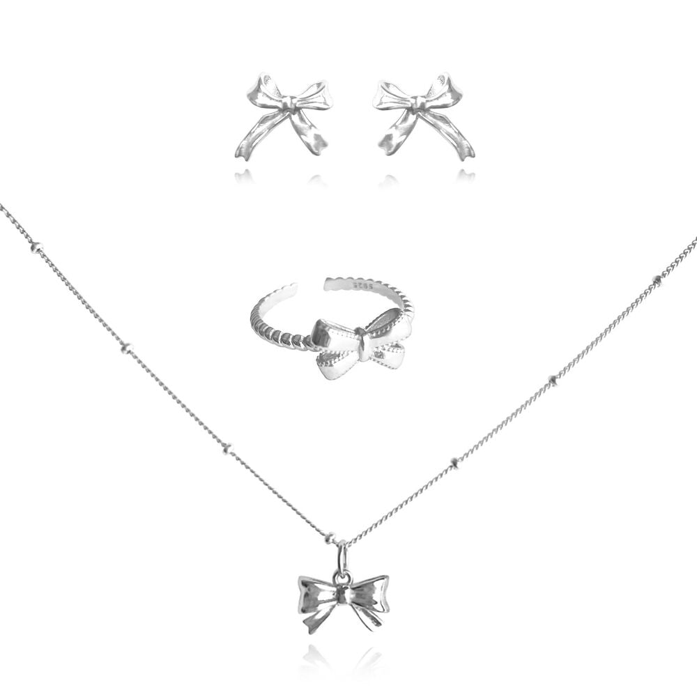 Culturesse Tilda Bow Earrings & Pendant Necklace & Ring Gift Set (Silver)
