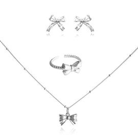 Culturesse Tilda Bow Earrings & Pendant Necklace & Ring Gift Set (Silver)