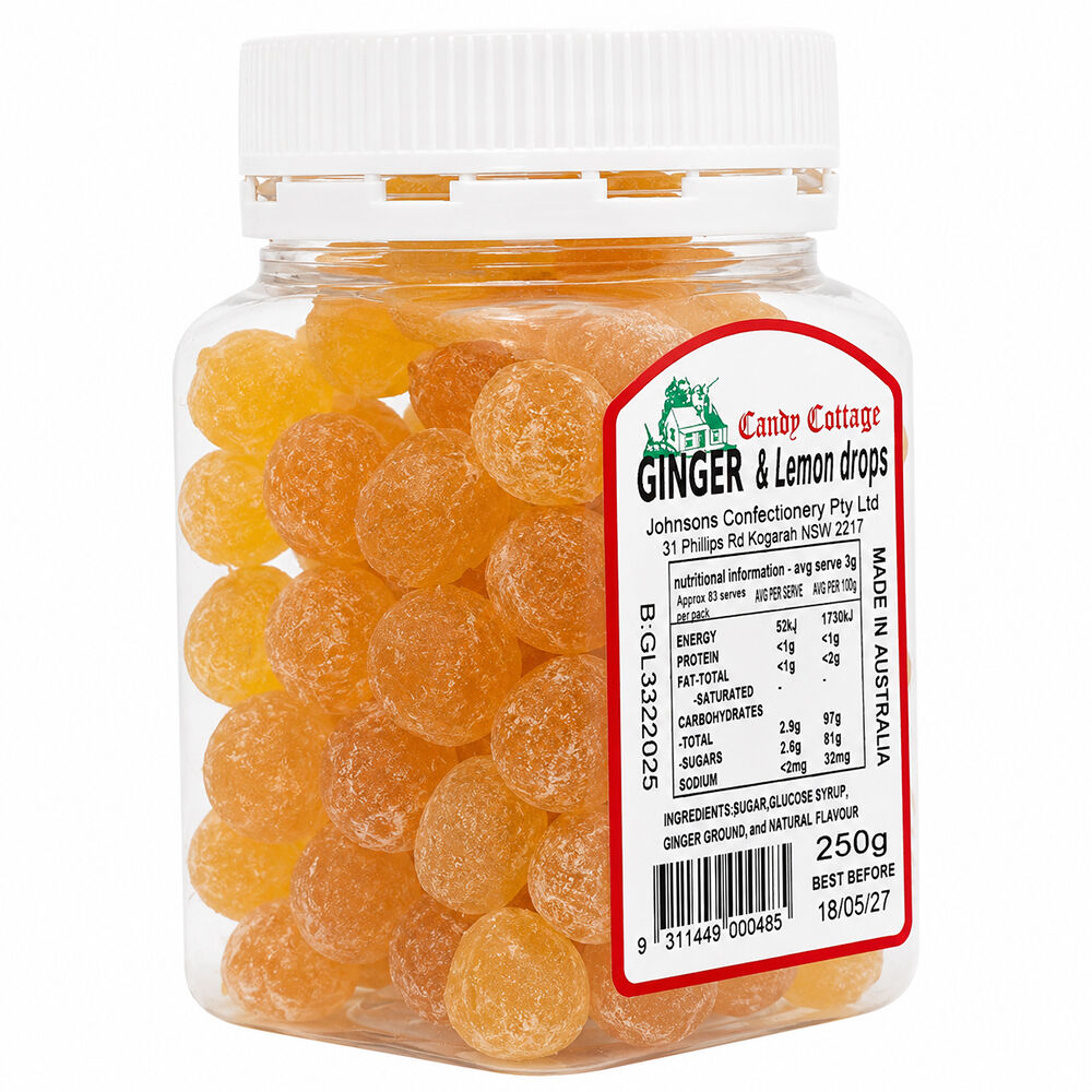 Candy Cottage 10 x Ginger & Lemon 250gm Old Fashioned Lollies Sweets Bulk Pack