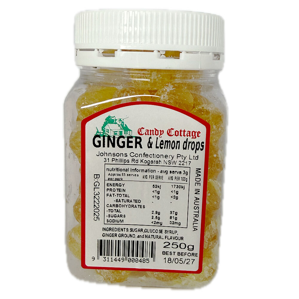 Candy Cottage Ginger & Lemon Drops 250g Australian Made