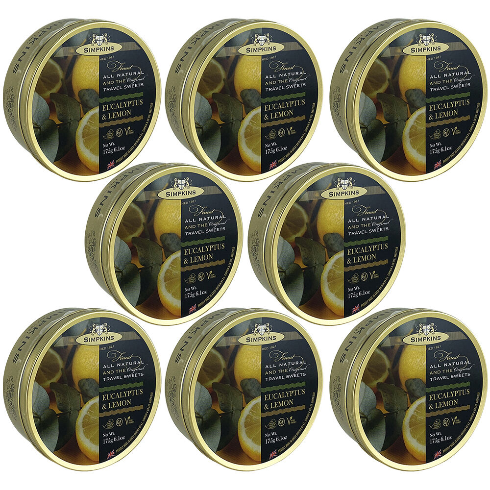 Simpkins Eucalyptus Lemon Drops 8 x 175g Tins Natural British Travel Sweets