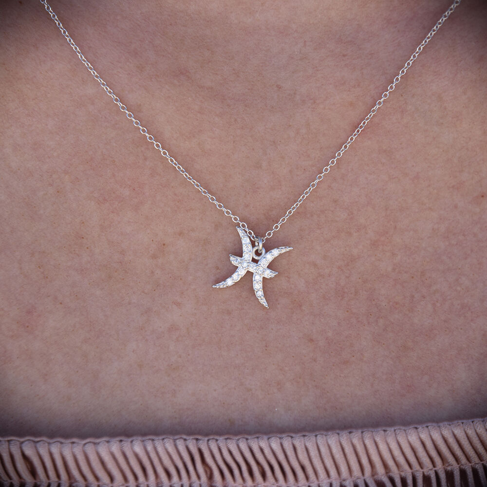 Culturesse Pisces Diamante Pendant Necklace (Silver)