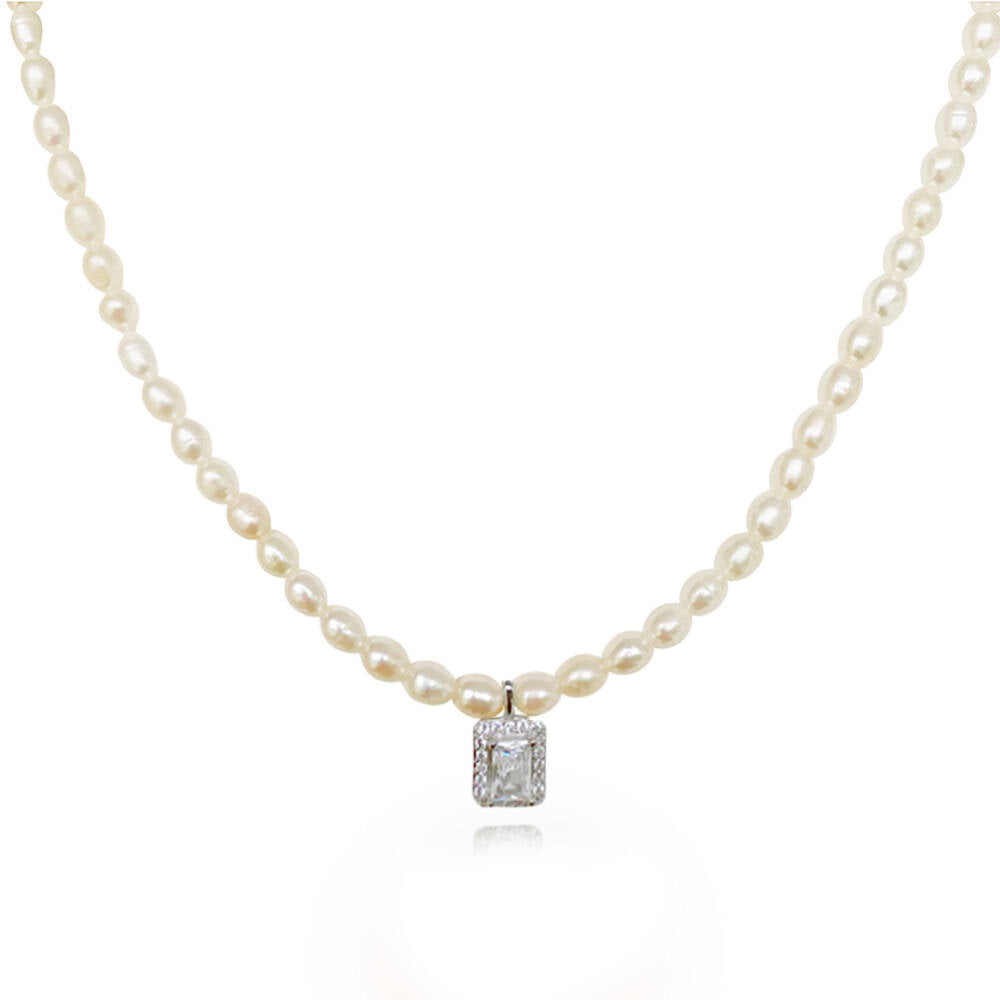 Culturesse Alaire Austrian Zircon Freshwater Pearl Necklace (Silver)