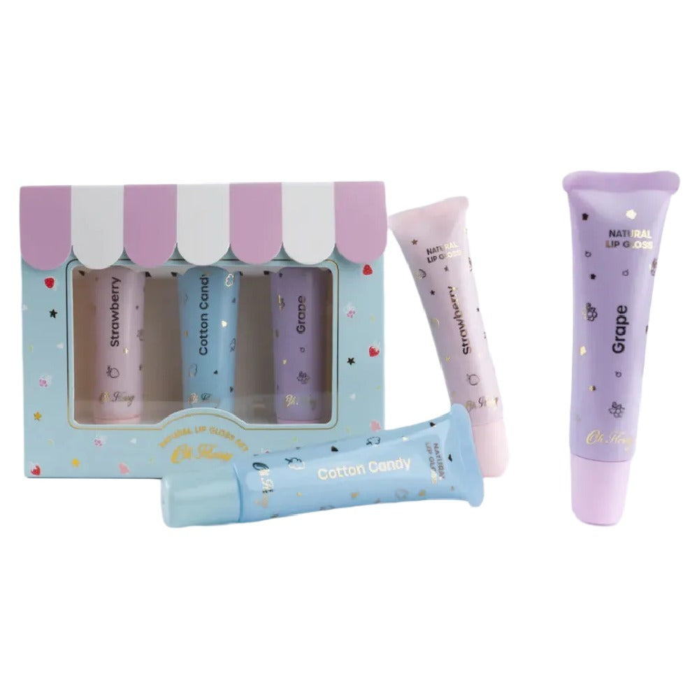 Oh Flossy Kids 3 Piece Natural Lip Gloss Set Strawberry Grape Cotton Candy