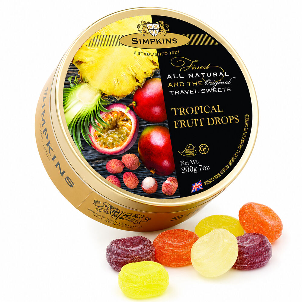 Simpkins Tropical Fruit Drops 200g Tin Sweets Candy Lollies