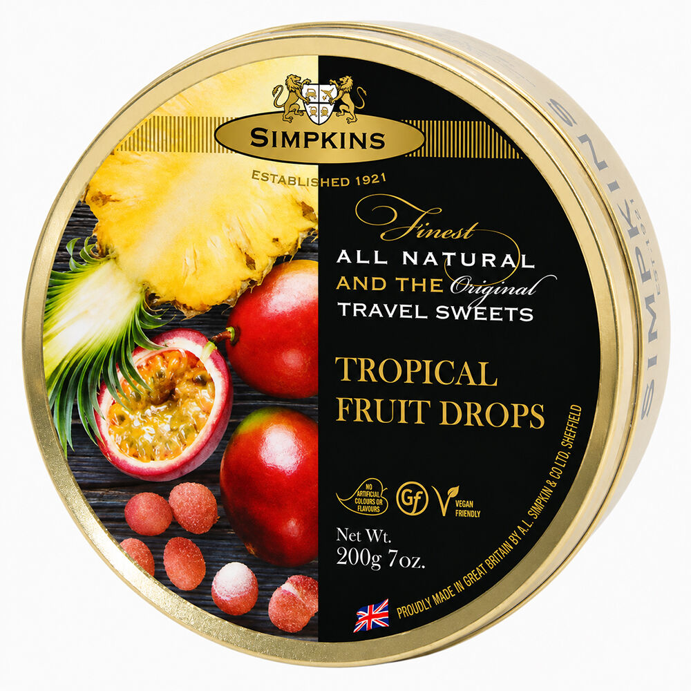 Simpkins Tropical Fruit Drops 200g Tin Sweets Candy Lollies