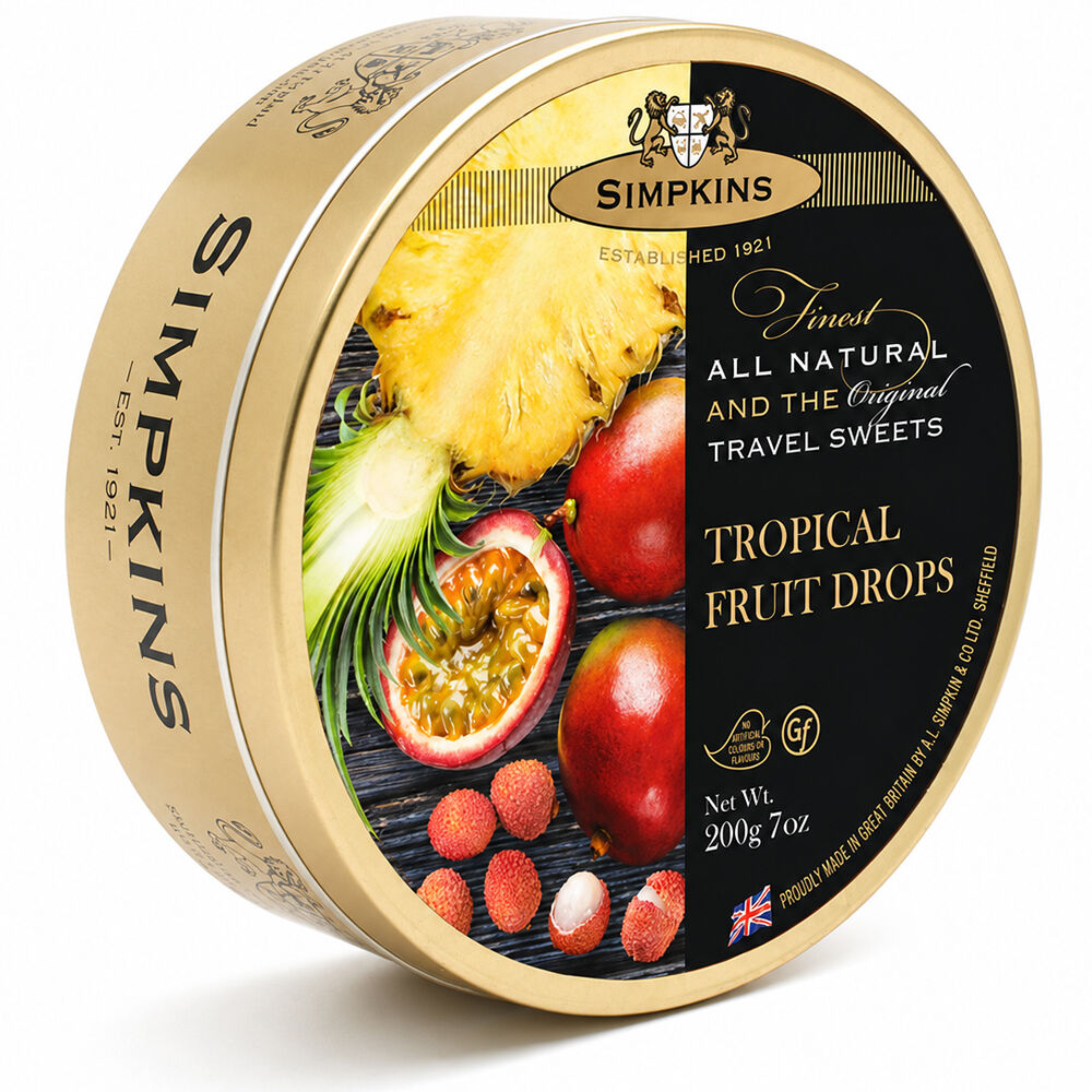 Simpkins Tropical Fruit Drops 200g Tin Sweets Candy Lollies