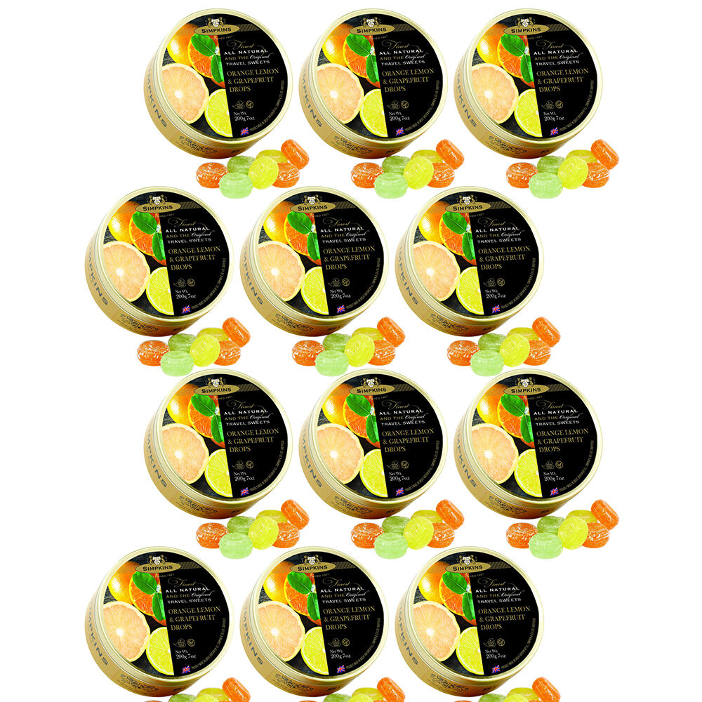Simpkins Orange Lemon & Grapefruit Drops 12 x 200g Tins Citrus Travel Sweets UK