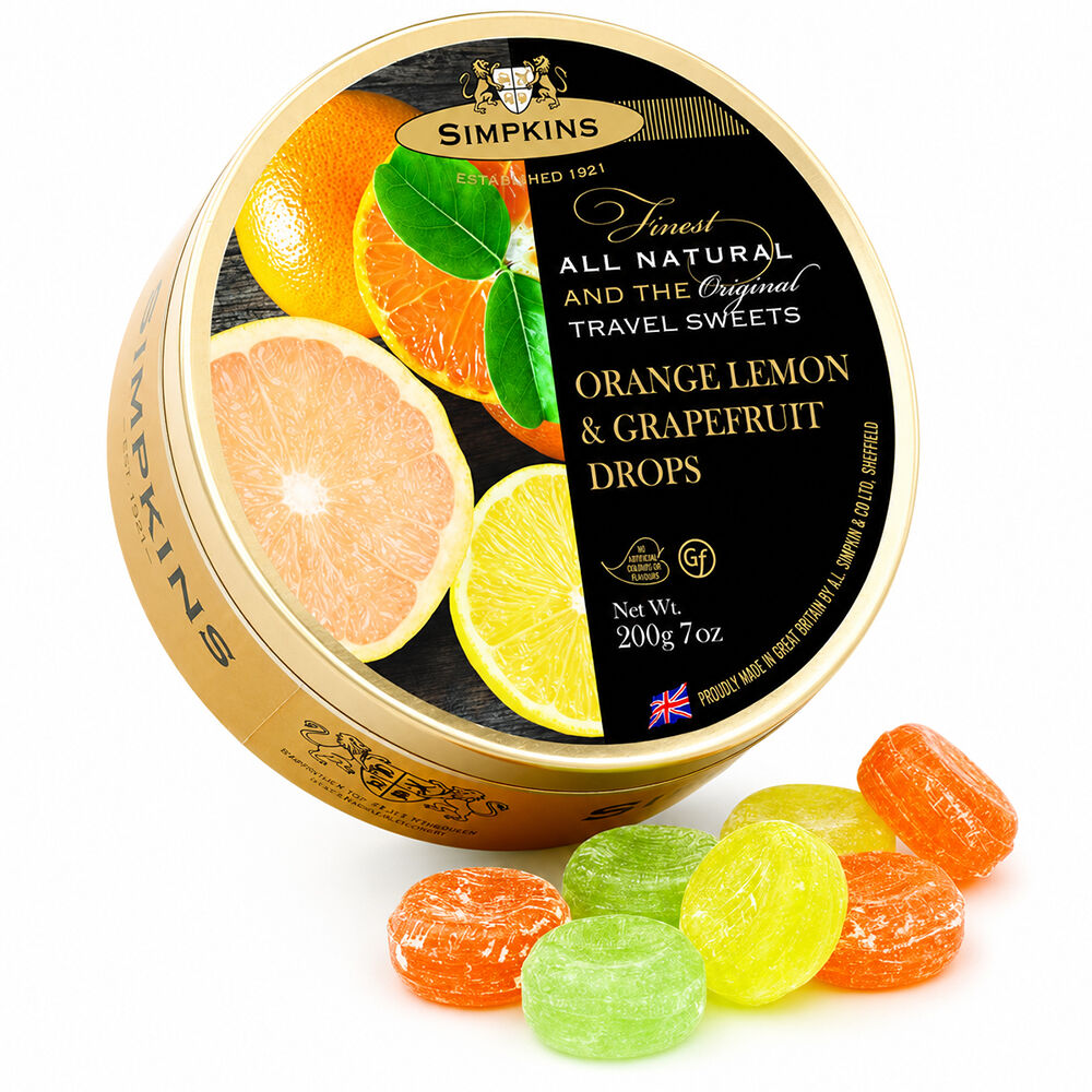 Simpkins Orange Lemon and Grapefruit Drops 200g Tin Sweets Candy Lollies