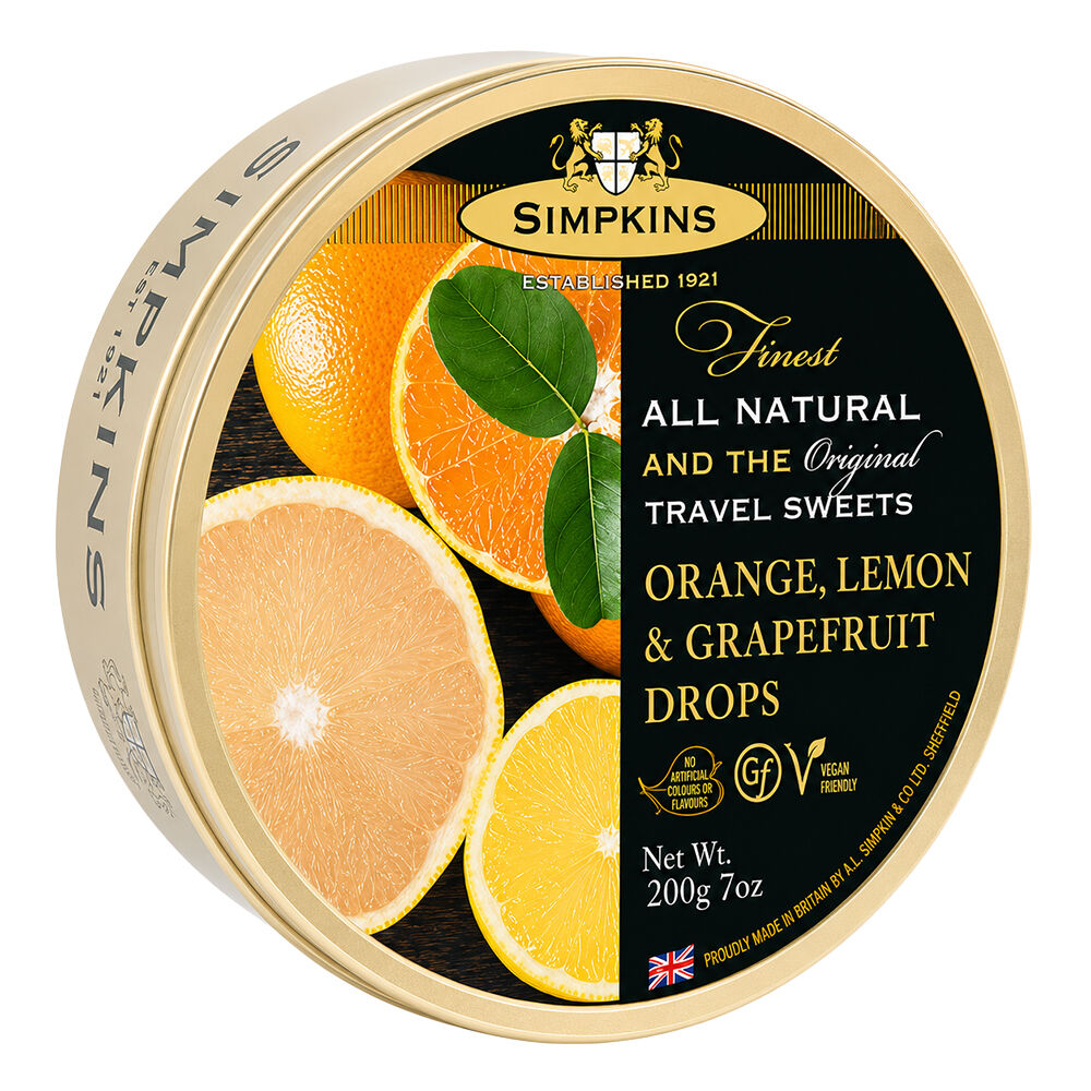 Simpkins Orange Lemon and Grapefruit Drops 200g Tin Sweets Candy Lollies