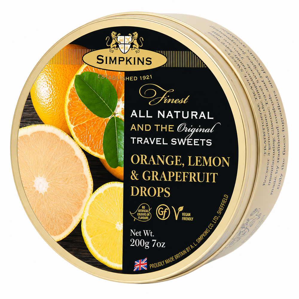 Simpkins Orange Lemon and Grapefruit Drops 200g Tin Sweets Candy Lollies