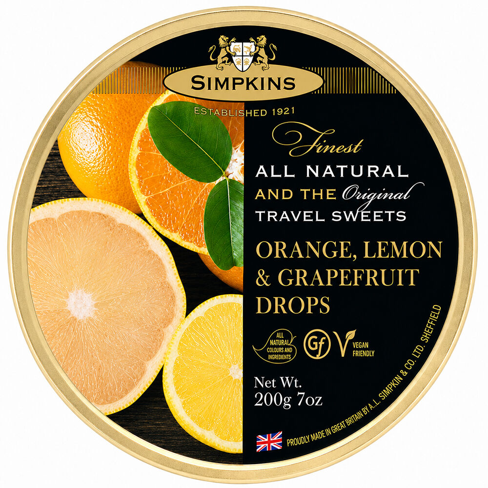 Simpkins Orange Lemon and Grapefruit Drops 200g Tin Sweets Candy Lollies