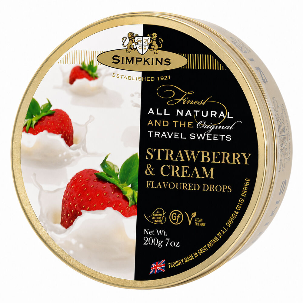 Simpkins Strawberries and Cream Drops 200g Tin Sweets Candy Lollies